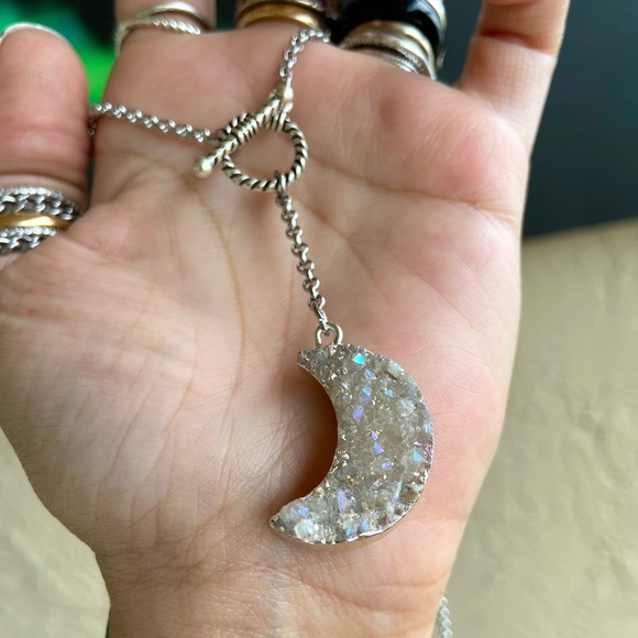 Lariat Y shape necklace iridescent druzy quartz crecent moon charm - Picture 8 of 11